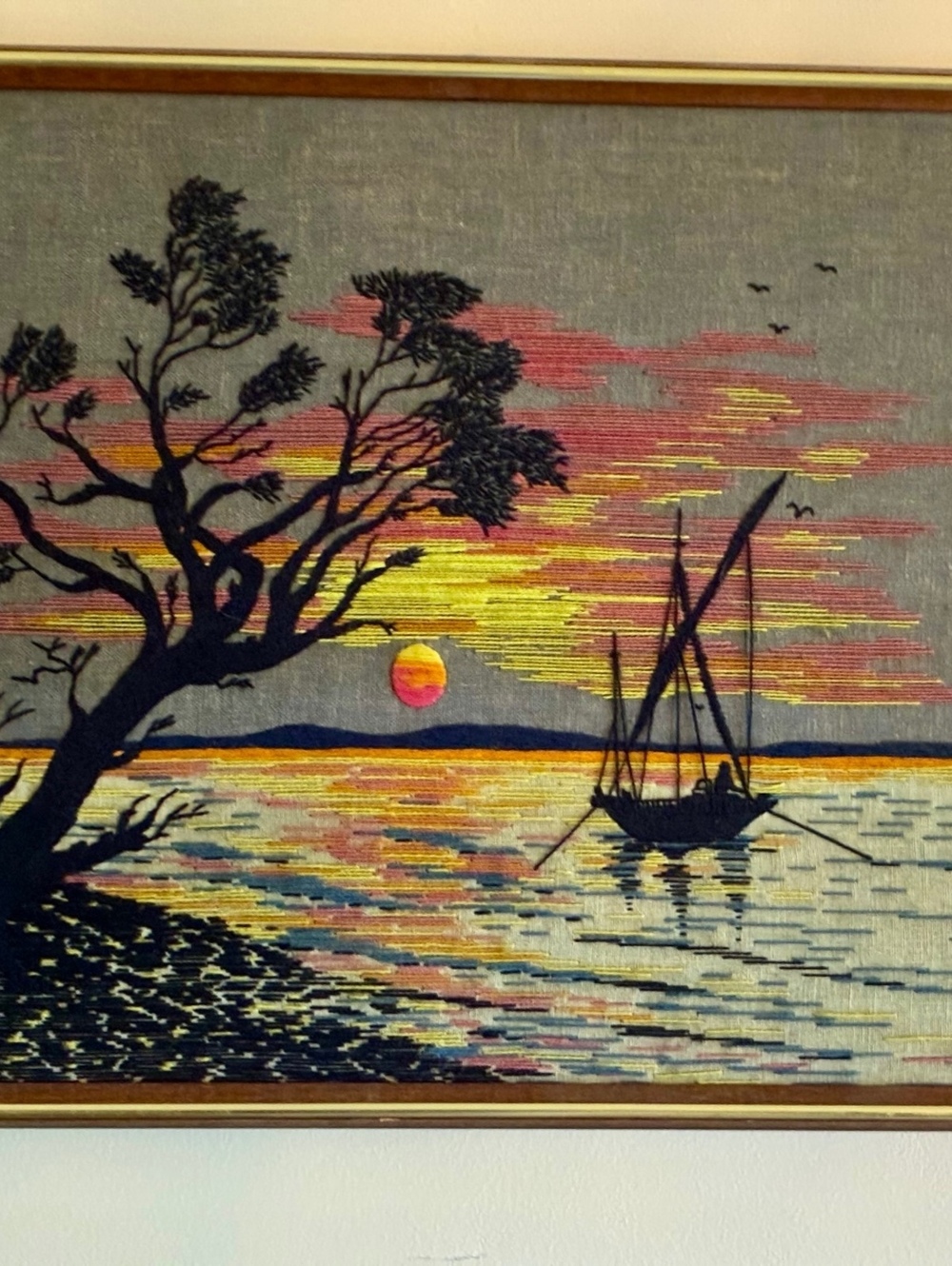 Vintage Framed Nautical Seascape Sailboat Sunset Needlecraft art